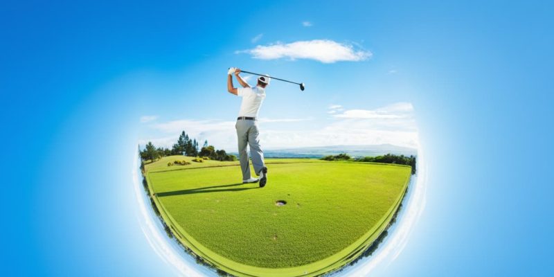 Golfista golpeando la bola mirando al horizonte
